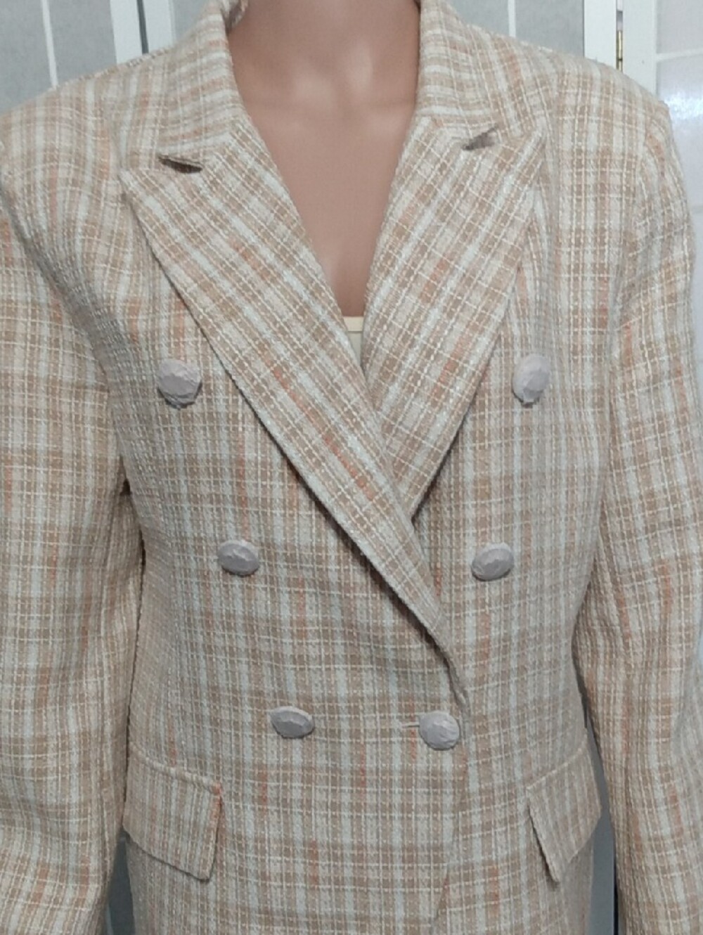 Attitude Unknown Double-Breasted Plaid Blazer Khaki/White- WMNS XL-Gold Buttons
